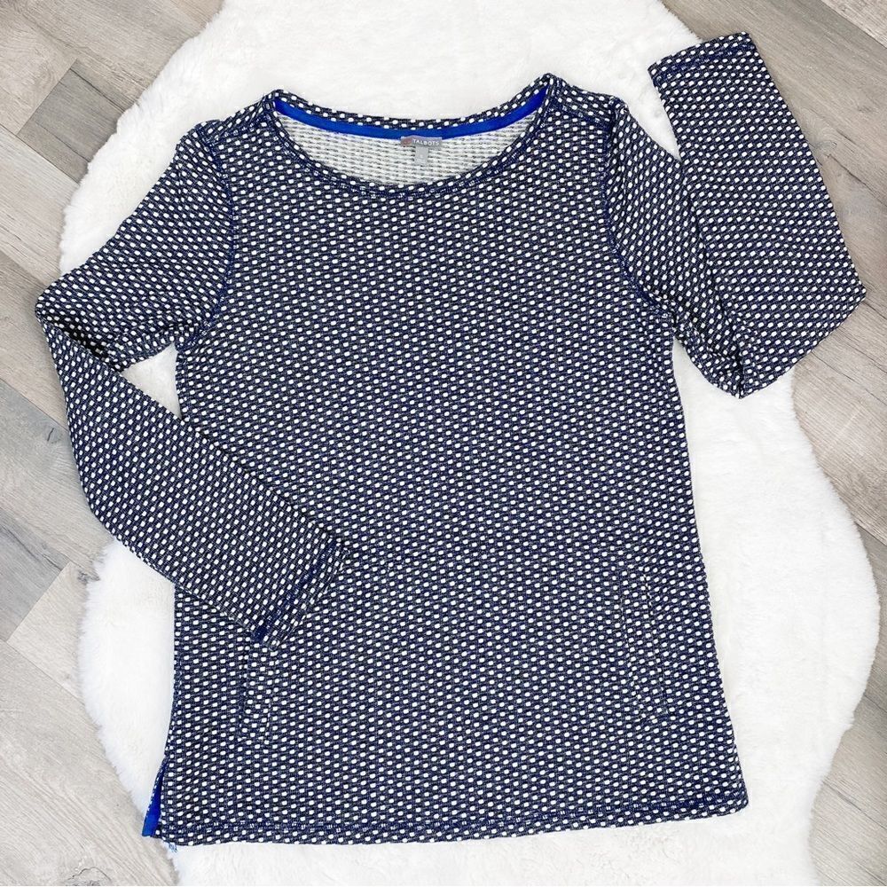 Talbots Polkadot Knit Kangaroo Pocket Pullover Top Blue White Small‎ - Picture 13 of 13